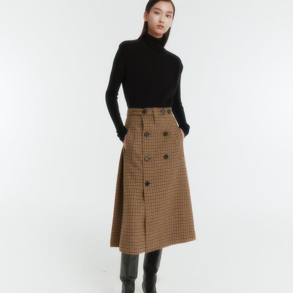 CHICJOC Low Classic Wool-Blend Plaid Midi Skirt with Double-Breasted Buttons - Picture 1 of 16